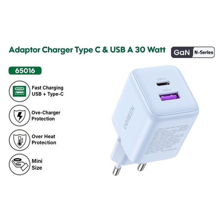 Incarcator USB, Type-C, GaN Fast Charger, 30W, QC3.0 - Ugreen X516 (65015) - White