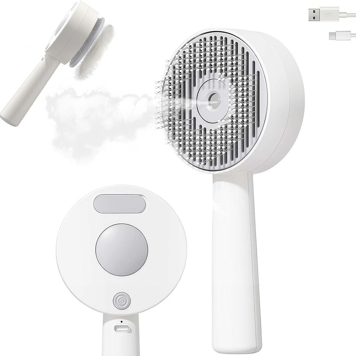 BOMSTOM Kisállat kefe, spray funkcióval, fehér, 19x8.5x4cm, macskáknak és kutyáknak