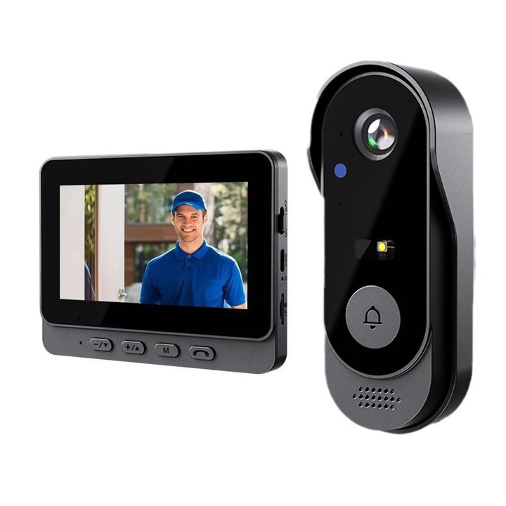 Sonerie video fara fir wireless exterior cu monitor, audio bidirectional, vedere la 170°, ecran de 4,3, impermeabila IP65 pentru exterior, imagine HD, autonomie mare, montare usoara, LEIISVK, Negru