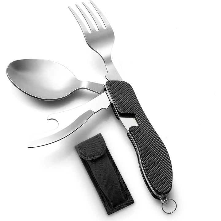Kemping evőeszköz készlet, Bomstom, Inox, 4in1, Fekete/Ezüst