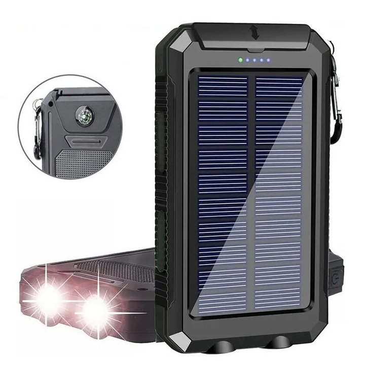 Външна батерия Solar, Bedee, 30000 mAh, 2 USB порта и Micro USB портове, С компас, Може да се използва като фенерче, С висяща катарама, Черна