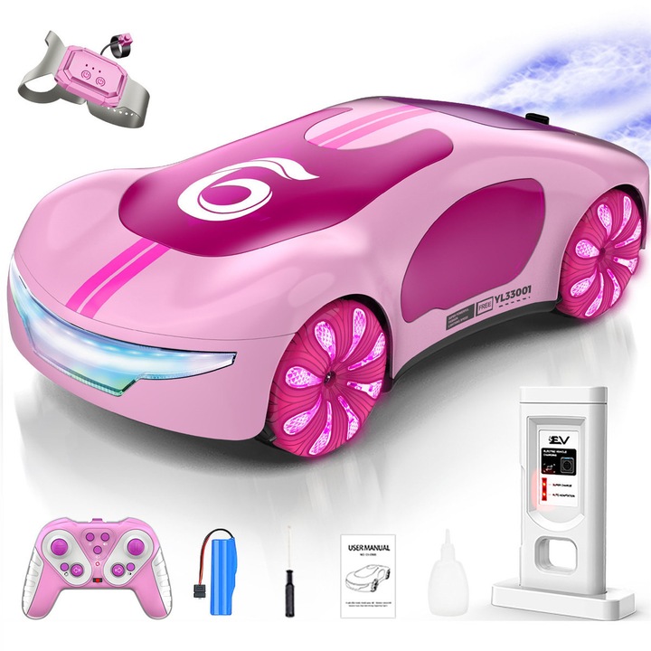 Set Jucarie Masina cu Telecomanda RC Pentru Copii, Cu Statie de Incarcare, Model de Vehicul Energetic Nou, Controlabila Prin Gesturi, MorFansi®, 2.4Ghz 4WD, Rotire 360°, Pulverizare Dubla, Lumini RGB si Muzica, 3 ani+, Roz