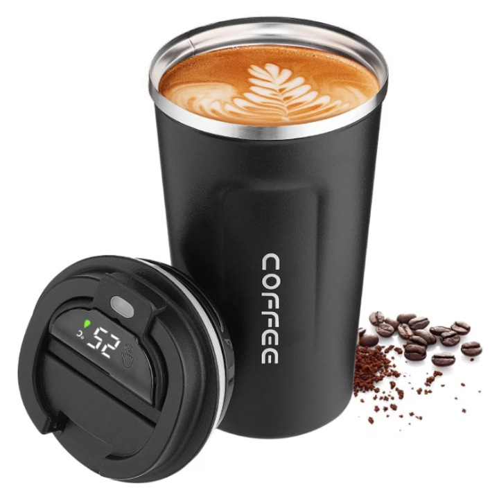 Termos cu display smart, design modern, negru mat, 510 ml