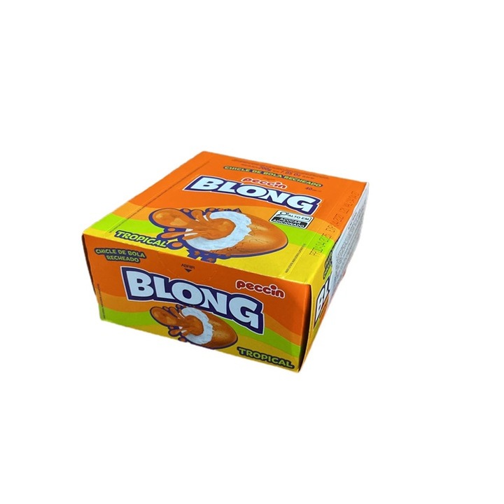 Guma de mestecat Blong Tropical Peccin, umplutura de fructe tropicale, cutie 40 buc x 5 gr