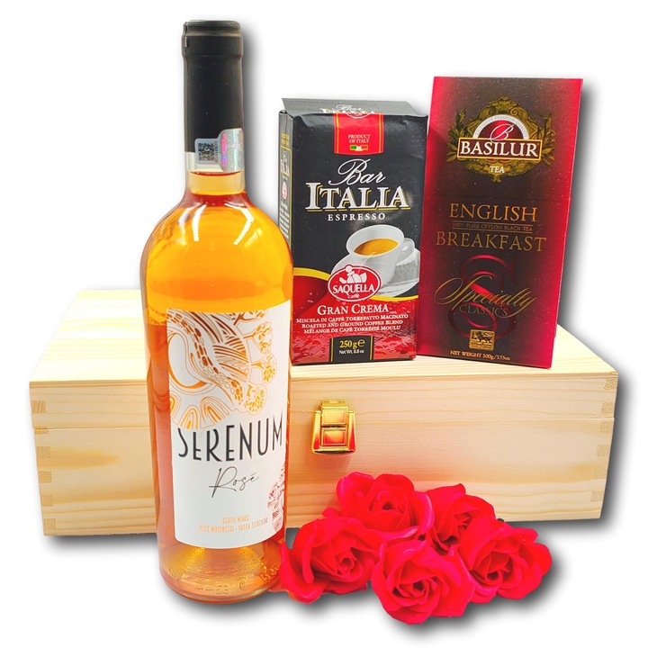 Pachet cadou elegant, CADOURI PREMIUM®, model Enjoy, cu vin roze Serenum, cafea premium Saquella Bar Italia, ceai Basilur english breakfast, toate reunite armonios intr-o cutie premium din lemn de brad