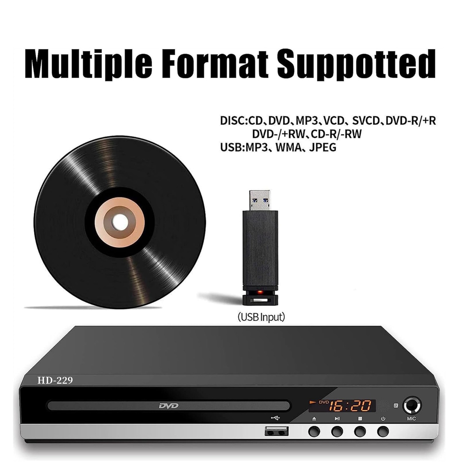DVD player, Suness®, HD 1080P, VCD/CD/DVD, HDMI/AV, 22.5×19.5×4.7