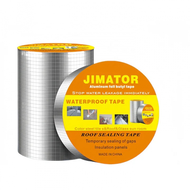 Banda adeziva impermeabila AjieQaQ®, finisaj aluminiu, rezistenta la intemperii si foc, argintiu, 5x500cm