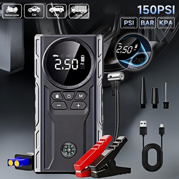 Compresor auto digital cu starter, MOSMAOO®, Baterie 16800 mAh, 6.0 L Benzina/3.0L diesel/max, 150 PSI, Lanterna LED, Cu afisaj digital, Power Bank, pentru Anvelope Auto, Moto, Biciclete, Mingi, Negru