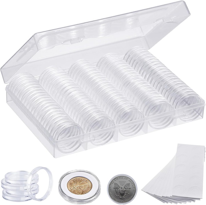 Комплект от 100 броя капсули за монети, 30 мм, със защитна пяна, пластмасови, 5 размера (17/20/25/27/30 мм), Прозрачни