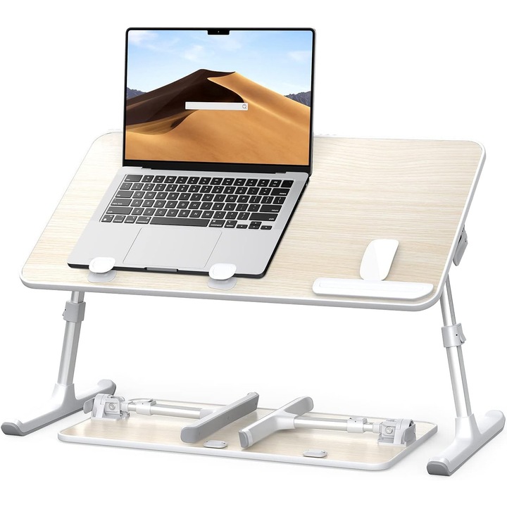 Регулируема поставка за лаптоп NextWave®️, сгъваема маса за бюро, легло или диван, 5 нива на височина и 4 ъгъла на наклон, противоплъзгаща лента и ергономична подложка, материал MDF + алуминий, размери 52,1×30×23,9 см, бял