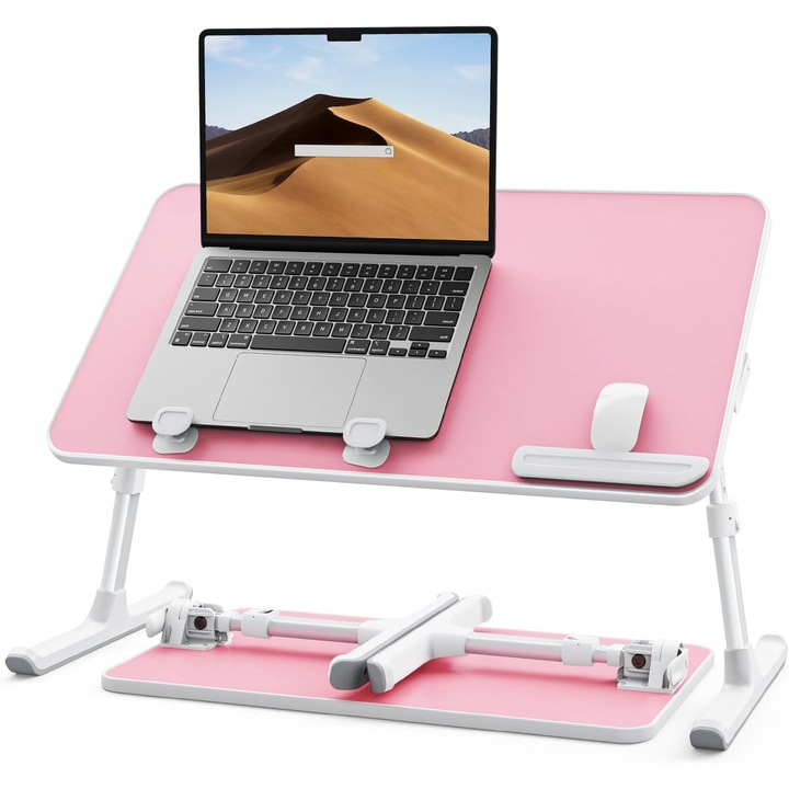 Регулируема поставка за лаптоп NextWave, сгъваема маса за бюро, легло или диван, 5 нива на височина и 4 ъгъла на наклон, противоплъзгаща лента и ергономична подложка, материал MDF + алуминий, размери 52,1×30×23,9 см, розова