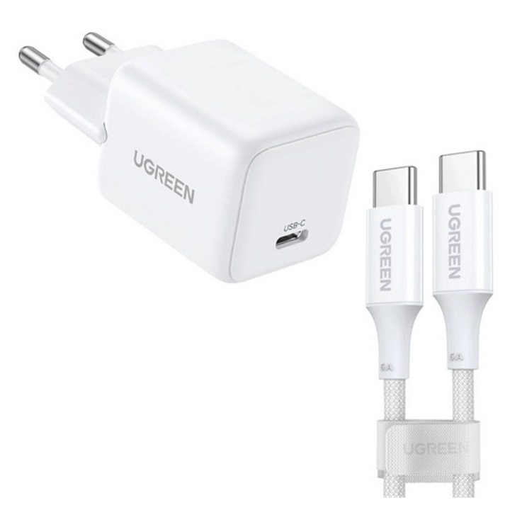 Ugreen x513 hálózati töltő type-c aljzat, 30w, gan, pd gyorstöltő + type-c kábel, fehér