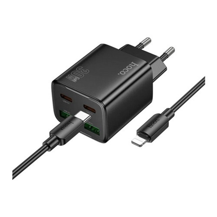 Hoco n56 hálózati töltő 2 usb+2 type-c aljzat, 30w, gan, pd gyorstöltő 3.0 + lightning kábel, fekete