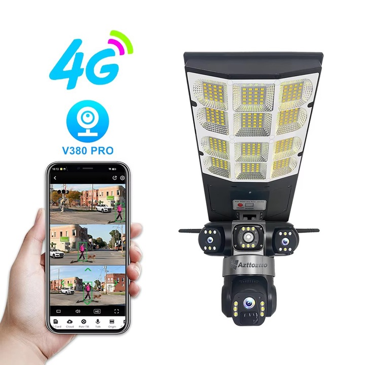 Соларна камера за наблюдение Azttoztto, 4G, Full HD 1080P, 8W панел, V380 PRO, PTZ 355°/90°, 4x увеличение, PIR+Радар детекция, цветно нощно виждане 20м, звукова/светлинна аларма, двупосочно аудио, IP66