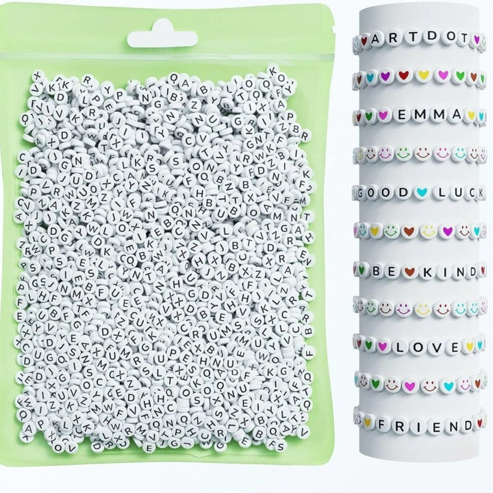 Set 800 margele rotunde cu litere, colorate alfabet A-Z, Acril, model zambitoare, pentru bricolaj, bratari, colier, 7x7 mm, Alb/Multicolor