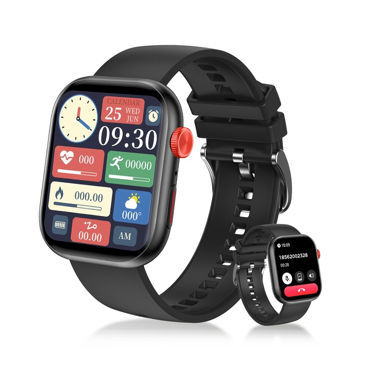 Ceas smartwatch, fitness, sport, rezistent apa, functie smart numarat pasi, unisex, notificari, ecran 2.01", wireless, apelare Bluetooth, microfon HD, monitorizare somn, limba romana, negru