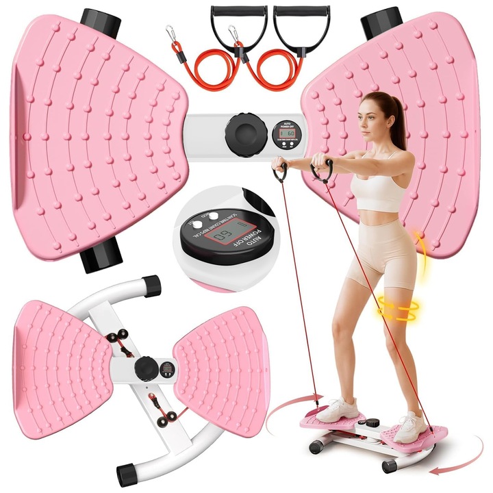 Disc Twister Fitness gumírozott fogantyúkkal, MOROVAN, Stepper kötelekkel, 130 kg teherbírás, kijelző, zajmentes, csúszásmentes pedálok, ellenállási szalagokkal, formálja testét otthon, kar-, derék-, comb- és csípőgyakorlatokhoz, rózsaszín