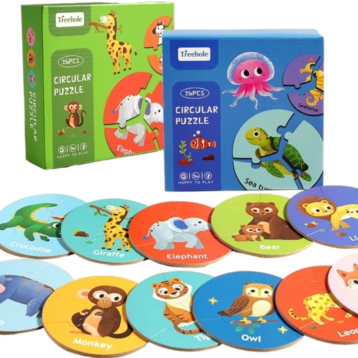 Joc educativ Montessori, MzcrJosv®, puzzle circular din lemn, animale padure si ocean, 72 piese, jucarie interactiva pentru copii, dezvoltare logica, concentrare si asociere, baieti/fete