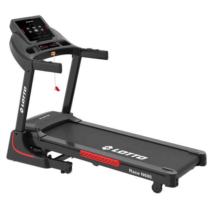 Lotto Race N600 elektromos futópad, bluetooth Fitshow/Kinomap/Zwift, 3 LE motor, 18 fokozatú motoros dőlésszög, maximális felhasználói súly 140 kg, maximális sebesség 16 km/h, futófelület 130*50 cm, összecsukható