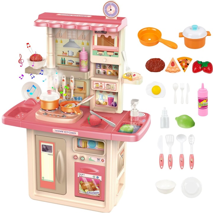 Bucatarie de Jucarie Montessori pentru Copii - Set de Joaca Educativ cu Electrocasnice, Ustensile, Alimente si Accesorii pentru Gatit - Joc de Rol Interactiv pentru Fete si Baieti - 3 Ani+