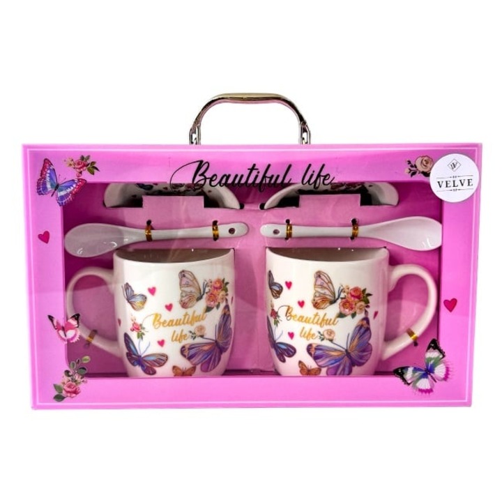 Set ceramic, Beautiful Life, doua cani imprimate, doua lingurite ceramice si farfurii in ton, Roz-Mov, Velve