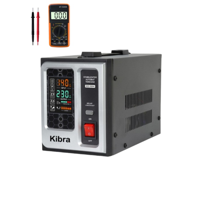 Stabilizator Automat de Tensiune Kibra QVR-1000VA, Intrare 140-250V, Iesire 230V ±3%, Transformator Cupru, Protectii Over/Low Voltage si Supra-sarcina si Multimetru