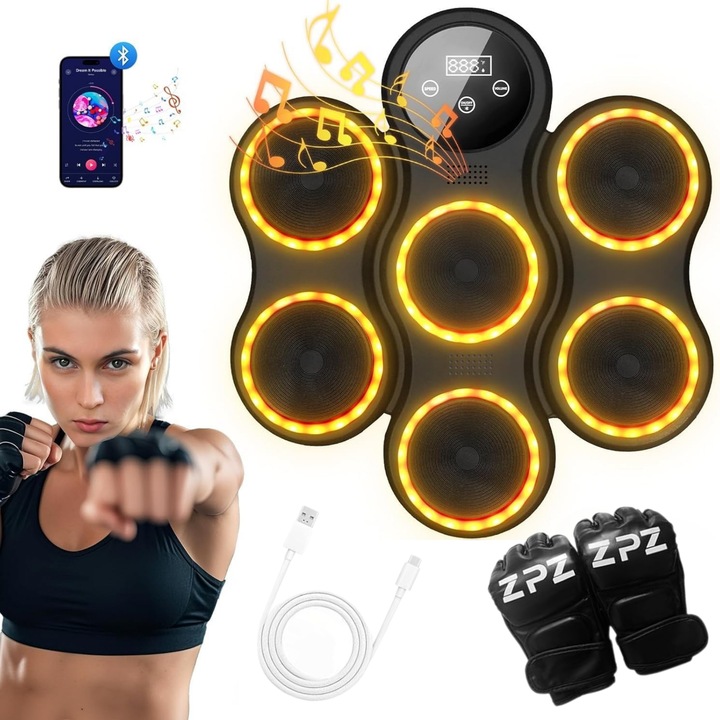 Tinta Lovituri Box - Aparat de Antrenament Reflexe cu Difuzor Incorporat, Conexiune Bluetooth si Ecran Display pentru Monitorizarea Loviturilor - Montare Simpla pe Perete - Cablu de Incarcare si Manusi Incluse - Potrivit pentru Adulti si Copii