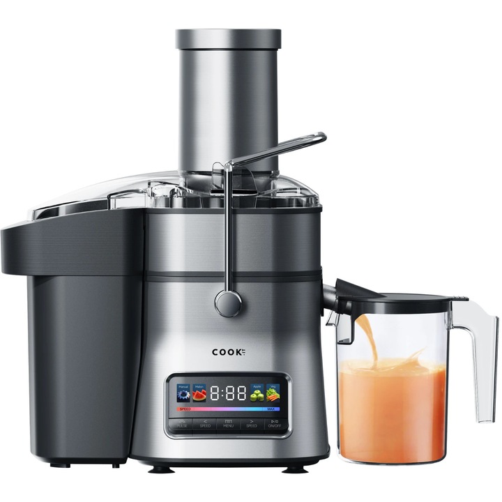 Storcator de fructe si legume COOK-IT Juicer PRO din inox - Tub alimentare Extra Mare 84 mm - Recipient suc 1L - Recipient pulpa 2, 5L - Panou LED - Comutator cu buton si 6 viteze - 3 programe presetate - Sita micro din inox - Separator de spuma