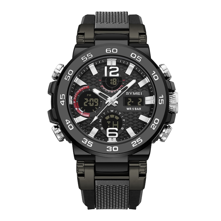 Мъжки часовник Многофункционален ръчен часовник, с модерен дизайн - будилник, хронометър, осветление при вдигане, два механизма, бели и черни цветове