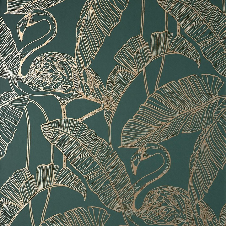 Tapet Flamingo, 10.05m x 52cm, aplicare cu adeziv, verde/auriu