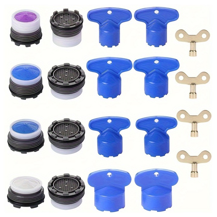 Set 8 aeratoare robinet, Axroad Mall, Cu 4 chei pentru demontare, Rezistent, Durabil, Usor de instalat, Functie de filtrare, Rezistent la stropire si coroziune, Potrivit pentru bucatarie si baie, Material ABS, Multicolor