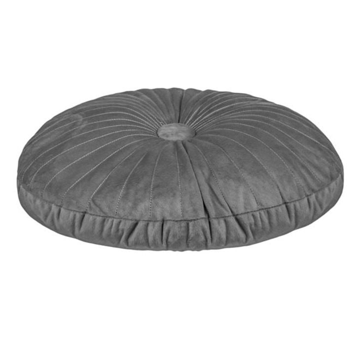 Perna decorativa rotunda din velvet gri, cu nasture, Ø35 cm, pentru canapea