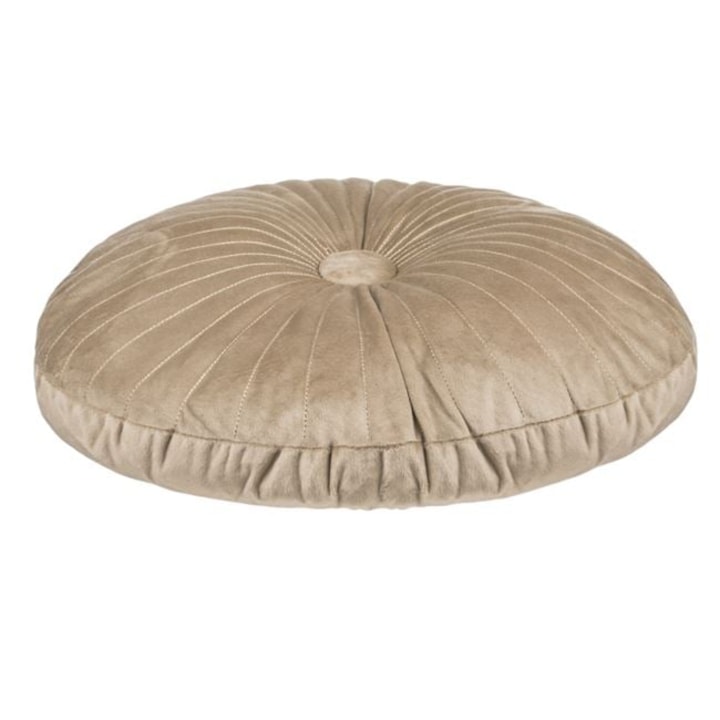 Perna decorativa rotunda din velvet bej, cu nasture, Ø35 cm, pentru canapea