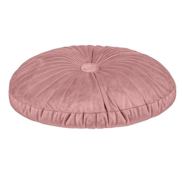 Perna decorativa rotunda din velvet Roz, cu nasture, Ø35 cm, pentru canapea