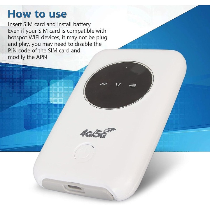 Vezeték nélküli 5G router, 300Mbps, akár 10 eszköz csatlakoztatása, 3200mAh, hordozható