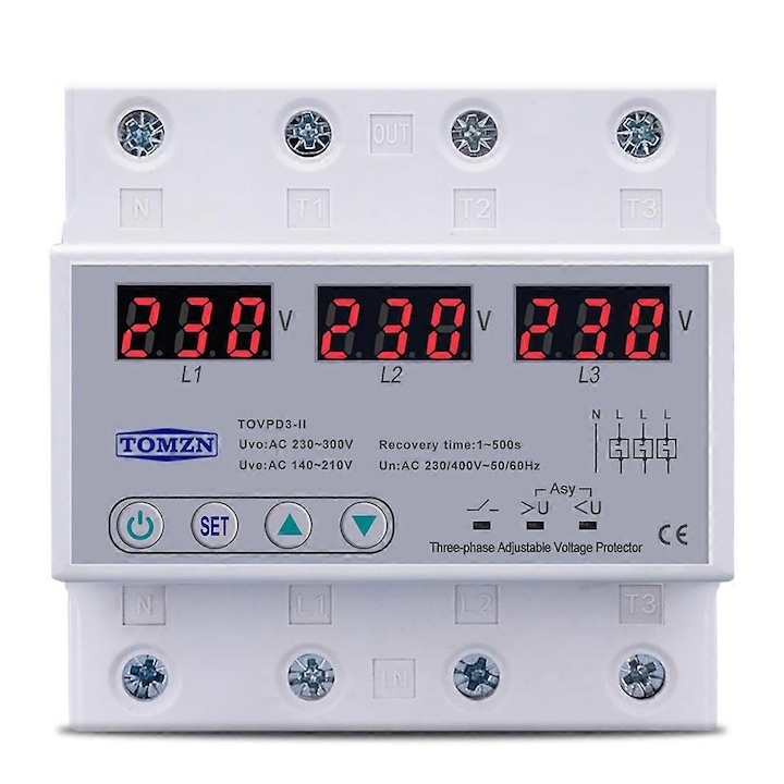 Protector automat de supratensiune si subtensiune, 3 faze, 63A, gri alb, montare pe sina DIN