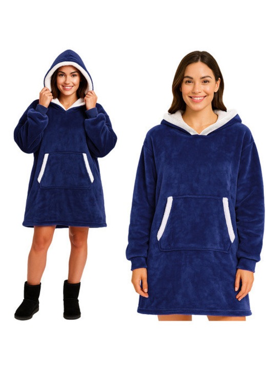 Hanorac patura 2 in 1 cu gluga si buzunar, Zola, marime universala, interior pufos, 88 x 80 cm, poliester, bleumarin