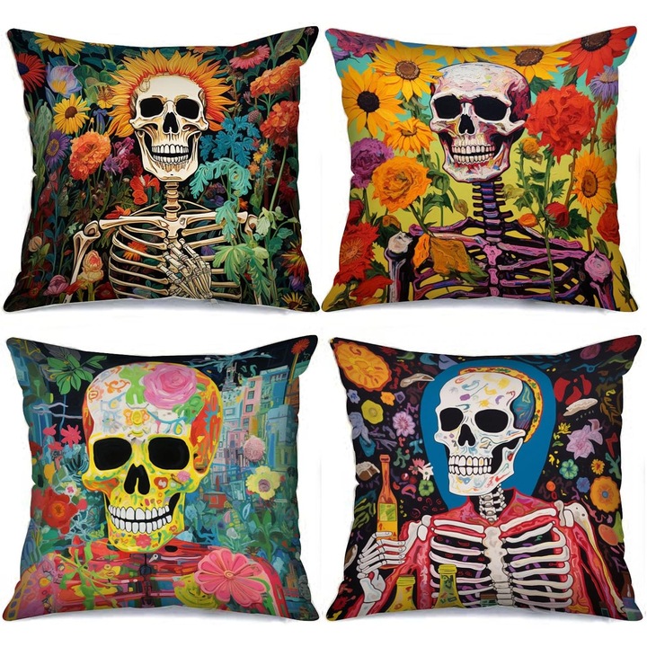 Set 4 fete de perna decorative, in sintetic, scheleti veseli, 45x45cm