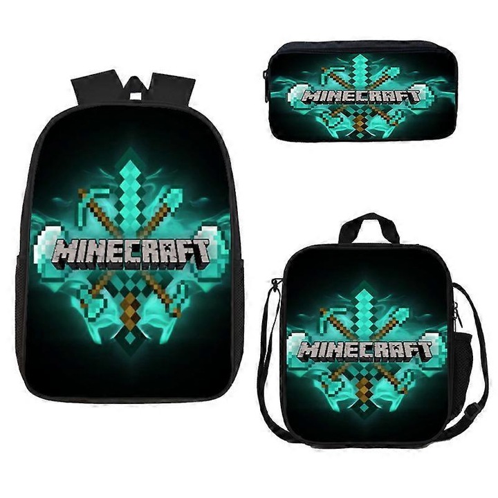 Ghiozdan scolar MINECRAFT, set trei piese, multicolor, 22cm
