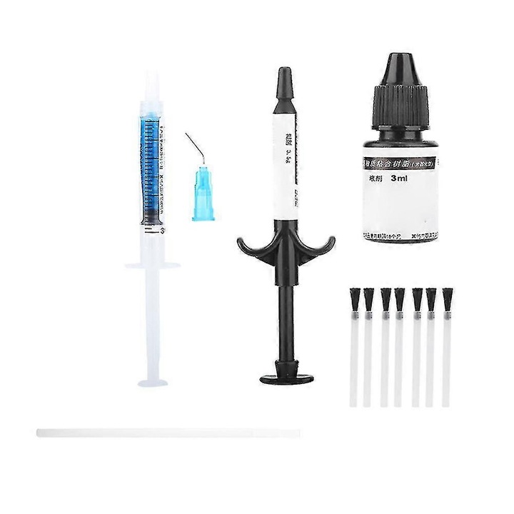 Set de instrumente pentru lipirea ortodontica, 3.5g pasta, 2.5ml agent de etching, 8ml agent lichid, 7 capete de pensula, 1 ac, 1 stilou de amestec