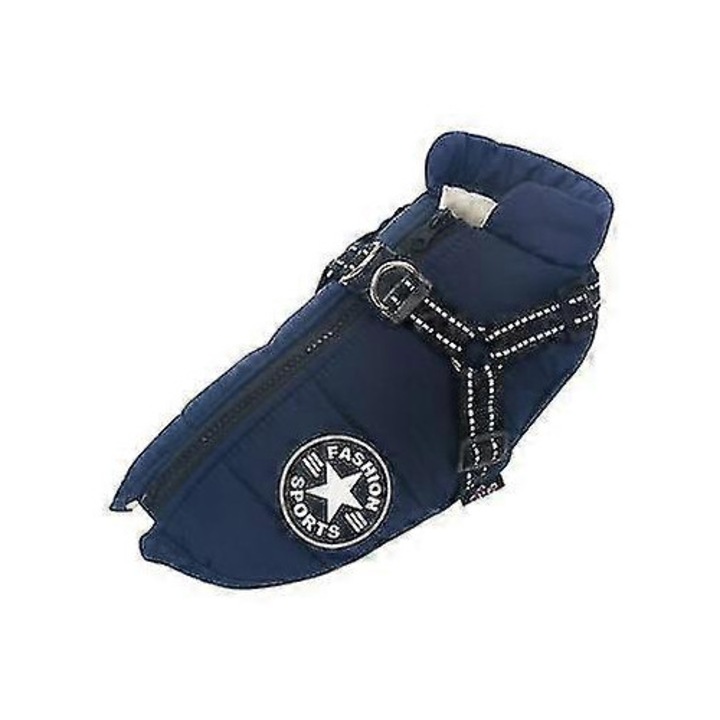 Jacheta pentru caini cu ham, impermeabila, S, albastra, pentru caini mici si medii