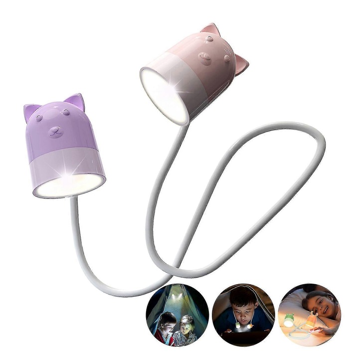 Lampa LED de gat, multicolor, 12x11x4cm, pentru citit, ctivitati nocturne, roz-violet