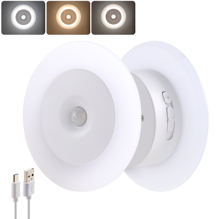 Set 2 bucati Lampa de veghe LED DA LIGHT, cu senzor de miscare, reincarcabila, 3 culori, 3 moduri de iluminare, pentru hol, dormitor, living