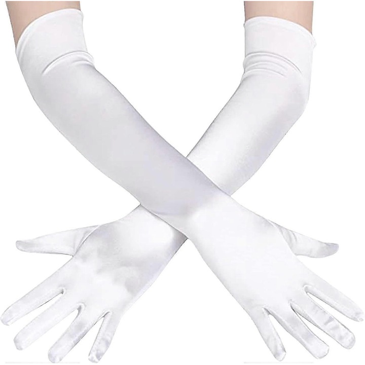 Manusi dama, satin, lungi, elastice, alb, One-Size