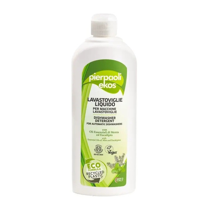 Detergent vase Pierpaoli Ekos, menta-eucalipt, 0, 5 L, ecologic, fara alergeni si fosfati, certificat ICEA, testat pentru metale grele