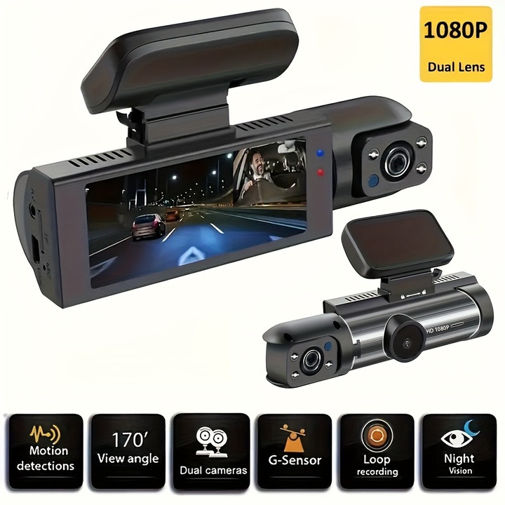 Camera auto DVR, 1080P, viziune nocturna, inregistrare 24/7, detectie miscare, set complet