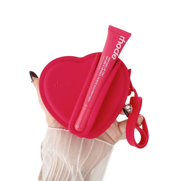Rhode tárolótáska, piros, szív alakú, ajakfényszettel