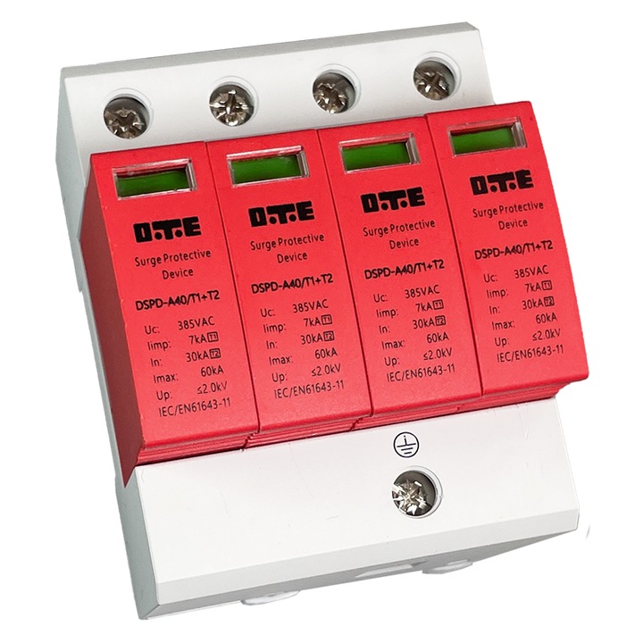 Descarcator de supratensiune, DSPD, AC385-60, 4p, 385V, 7kA, 60kA, Tip 1+2, 4 module, 35mm2, cu accesorii, cu clema, material: metal