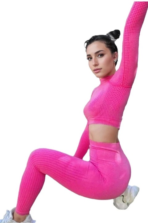 Compleu compresie fitness cu maneca lunga si fenta pentru degetul mare, culoare roz neon, marime XS/S