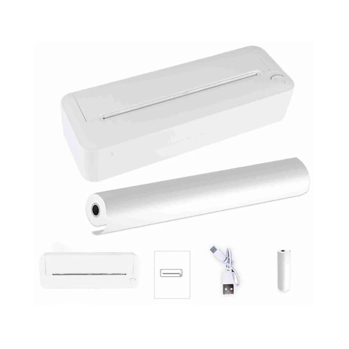 Imprimanta termica A4 pentru hartie, imprimare portabila wireless Bluetooth, alba